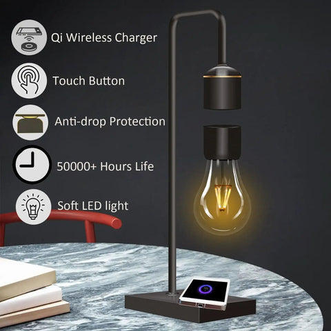 Magnetic Levitating Light Bulb With Wireless Charging Pad For Apple And Android Floating LED Table Lamp on desk