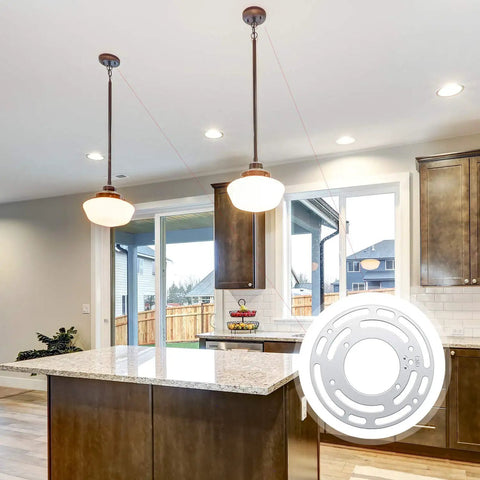 5 Pack Universal Light Fixture Mounting Brackets 4 Inch Diameter Steel Round Crossbars, installed for pendant lights in a kitchen