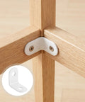 24 Pack Stainless Steel Right Angle Brackets With Screws White Corner Braces for wood furniture, shown on bookshelves support
