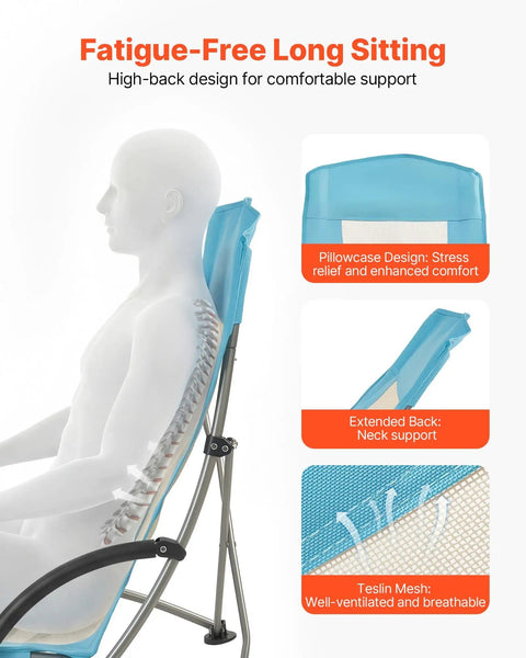 Two Pack High Back Folding Beach Chairs For Adults shown with mesh back, pillowcase design, emphasizing neck support, light blue