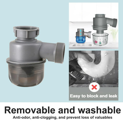 Visible One And A Half Inch P Trap Upgrade with Clean Cup in kitchen and bathroom use, highlighting odor-blocking, no-clog features