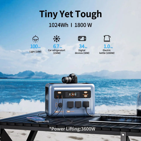 1024Wh Portable Power Station delivers 1800W continuous power on beach table with camera and phone.