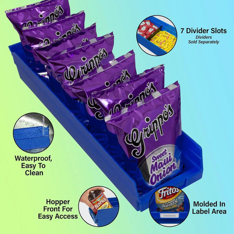 Heavy Duty Plastic Shelf Bins For Garage And Closet Organization 24 Inch By Six And A Half Inch By Four Inch Blue Six Pack Durable Storage Bins For Shelves Cabinets And Drawers filled with snack bags, showing divider slots and hopper front.