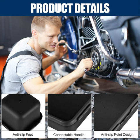 Mechanic using 68 Piece Tool Box Organizer Tray Set With 5 Sizes XL L M S XS for motorcycle maintenance, features include anti-slip feet and handle.