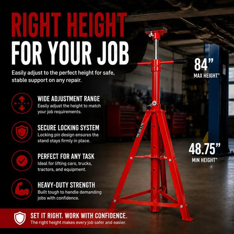 Rock Solid Heavy Duty Underhoist Tripod Stand Offering High Lift Clearance And 2 Ton 4000 Lbs Capacity For Auto Shops And Garage Mechanics, 84 inch max height.