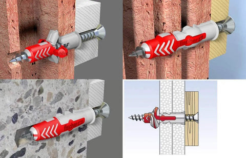 DuoPower And DuoTec Universal Toggle Wall Anchors Kit With PZ Screws For Hollow Walls, Drywall And Solid Materials, Assortment Box, 100 Anchors And 100 Screws installed in hollow wall and solid masonry