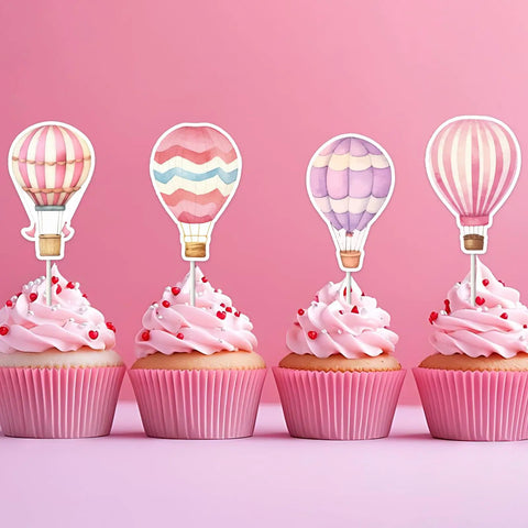 36 Pink Hot Air Balloon Cupcake Toppers For Girls Birthday Party Decorations Adventure Awaits Baby Shower Decor Airplane Cloud Cake Decor Travel World Theme Gender Reveal Supplies