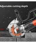 Pro Grade Cordless Circular Saw With Brushless Motor For Dust Free Concrete Wall Slotting And Heavy Duty Stone Grooving Cuts Hardcore Smooth As Butter No Sweat On Any Job Site showing adjustable cutting depth feature on a concrete slab.