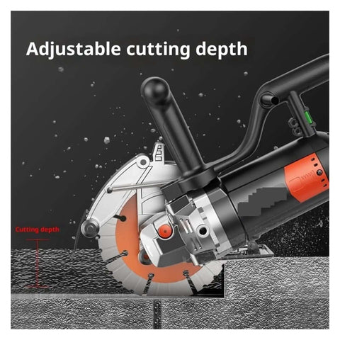 Pro Grade Cordless Circular Saw With Brushless Motor For Dust Free Concrete Wall Slotting And Heavy Duty Stone Grooving Cuts Hardcore Smooth As Butter No Sweat On Any Job Site showing adjustable cutting depth feature on a concrete slab.