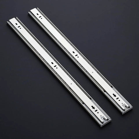 Full Extension Drawer Slides With Ball Bearing Rails And Soft Close 22 Inch Cabinet Mount, silver finish, shown on black background