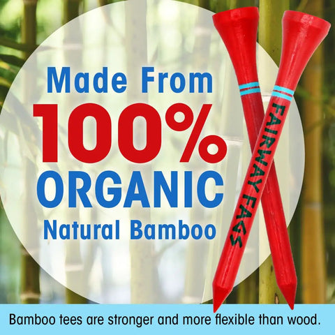 Red bamboo golf tees with text emphasizing 100% organic material.