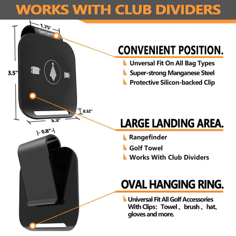 Magnetic Landing Pads For Golf Accessories Towel Rangefinder Flask And Speaker With Quick Access Mounts On Your Golf Bag Built For Easy Reach And Total Organization Patent US Design Gift For Golfers showing features and measurements.