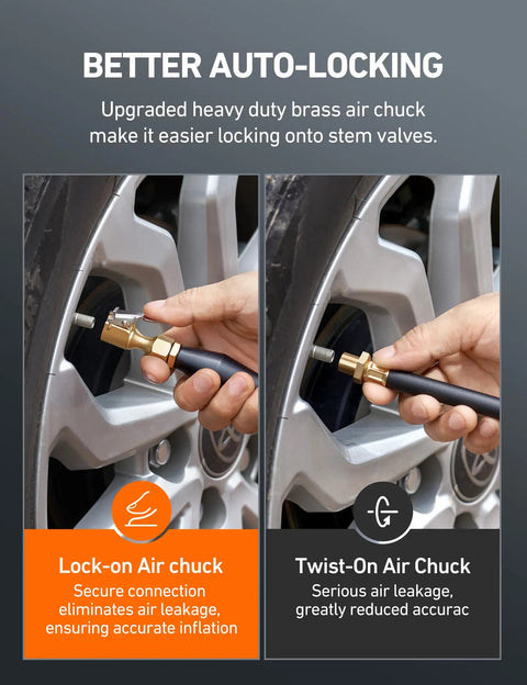 Heavy Duty Lock On Air Chuck 2 Pack With Clip For Schrader Valves in use on car tire showing closed flow brass design