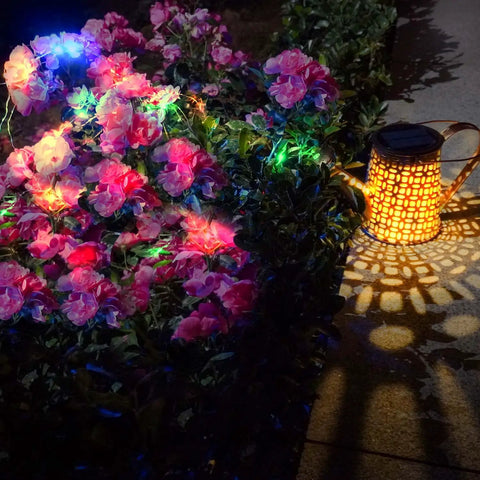 Cool Watering Can Lights Multicolor Outdoor Garden Decor Hanging Lantern Waterproof Solar Waterfall Lights illuminating flowers