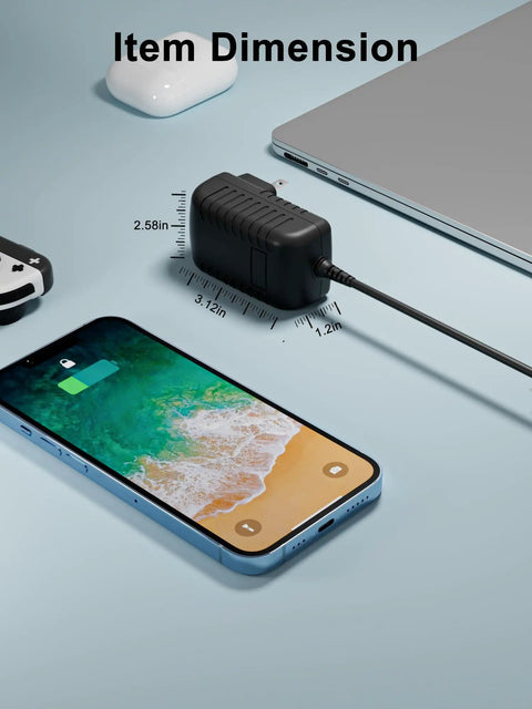 AC DC Wall Charger For Elliptical Machine Power Supply Cable dimensions shown with phone and laptop