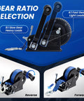 Beefy 3500 Lb Boat Trailer Winch, Portable Hand Crank With 33 Ft Strap, Dual Gear Ratios 4-to-1 And 8-to-1, Blue Finish, Built For Boat, Trailer, Truck, RV, ATV And Jet Ski Towing showing gear ratio selection and forward reverse use