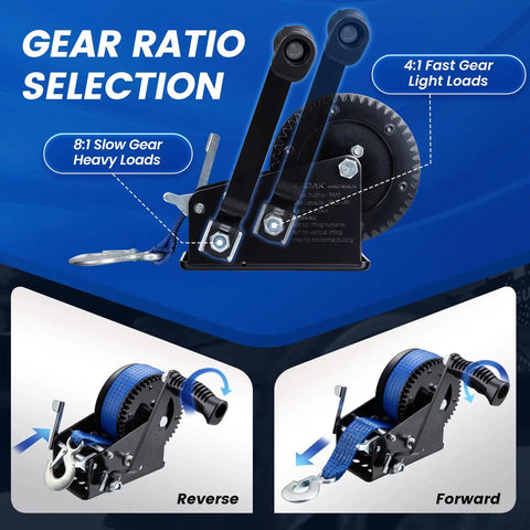 Beefy 3500 Lb Boat Trailer Winch, Portable Hand Crank With 33 Ft Strap, Dual Gear Ratios 4-to-1 And 8-to-1, Blue Finish, Built For Boat, Trailer, Truck, RV, ATV And Jet Ski Towing showing gear ratio selection and forward reverse use