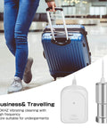 Traveler with suitcase next to Portable Ultrasonic Jewelry Cleaner Machine For Jewelry Glasses Rings Diamonds And Silverware Compact Household Sonic Cleaning Device for travel convenience