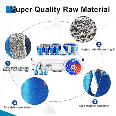 Pro Grade Heavy Duty Diamond Core Drill Bit Set For Porcelain Tile Ceramic Marble Granite With Tile Hole Saw Kit Includes Finger Bits And 2 Inch Chamfer Bit And Diamond Blade Adapters displayed with quality features