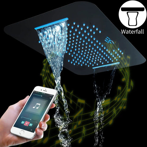 Game Changing Led Music Shower System With Thermostatic Rain Shower Head Digital Temperature Display featuring water flow and phone control.