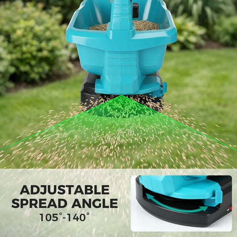 Cordless Power Seed Spreader Handheld With Dual 20V Batteries, adjustable spread angle, dispensing seed on lawn