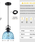 2 Pack 8" Blue Textured Glass Farmhouse Black Pendant Light E26 Base with adjustable cord and bulb specifications.