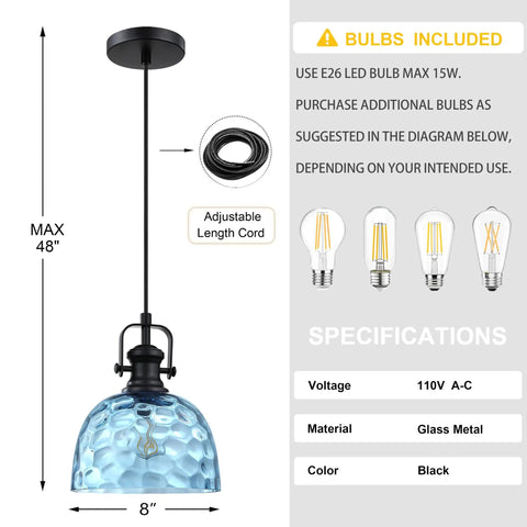 2 Pack 8" Blue Textured Glass Farmhouse Black Pendant Light E26 Base with adjustable cord and bulb specifications.