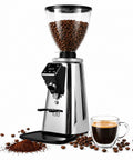 Professional Flat Burr Coffee Grinder With 64MM Stainless Steel Burrs Programmable Timer Single Dose And Double Dose Setup For Fine Espresso Pulls To Coarse French Press Grinds Get That Fresh Morning Kick Silver with coffee beans and ground coffee