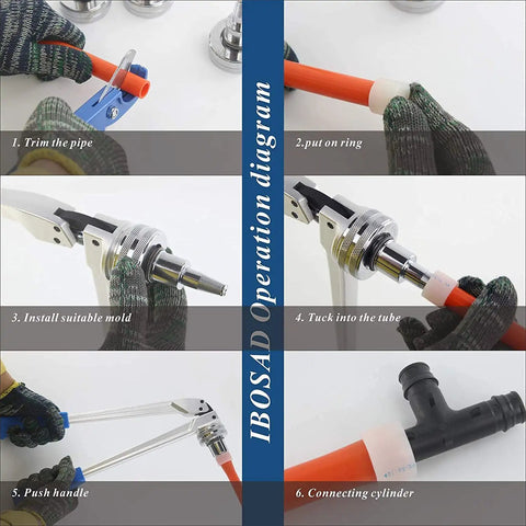 Manual PEX Expander Tool Kit With 3/8 Inch, 1/2 Inch, 3/4 Inch And 1 Inch Expansion Heads For ProPEX Expansion Meets ASTM F1960 Standard PEX Coupling Fittings Radiant Heat Chrome Plated Heads Includes Eco Friendly Lubricant Carrying Case operation diagram