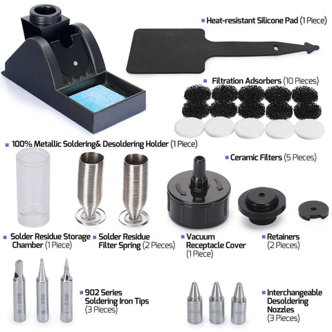 Components of the Upgraded 2 In 1 ESD Safe Soldering Desoldering Station with accessories for desoldering and soldering.