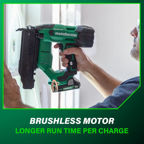 User holding 18V MultiVolt Brushless Compact Cordless Brad Nailer Kit with 2.0Ah battery against a trim, showcasing pro-grade tool use.