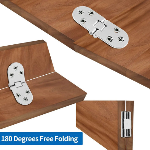 Heavy Duty Zinc Alloy Flip Top Hinges For Folding Tables, 3.1 X 1.18 Inch on wooden surface with polished silver finish.