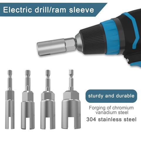 Electric drill with One Quarter Inch Hex Shank Wing Nut Driver Kit Pro Grade Slotted Drill Sleeve Wrench Set, 4 sizes shown.