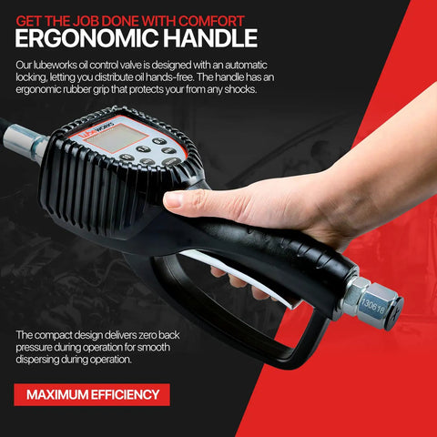 Close-up of ergonomic handle of Preset Digital Oil Control Valve With Meter Nozzle For Precise Flow, Heavy Duty Air Operated Pneumatic System.