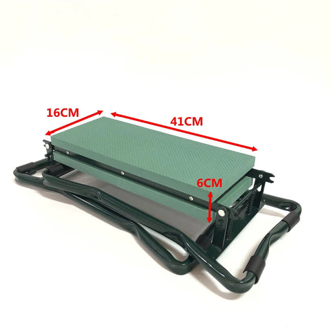 Foldable Garden Kneeler Seat With Foam Kneeling Pad And Tool Pouch, Portable Bench, folded view showing dimensions and ergonomic design.