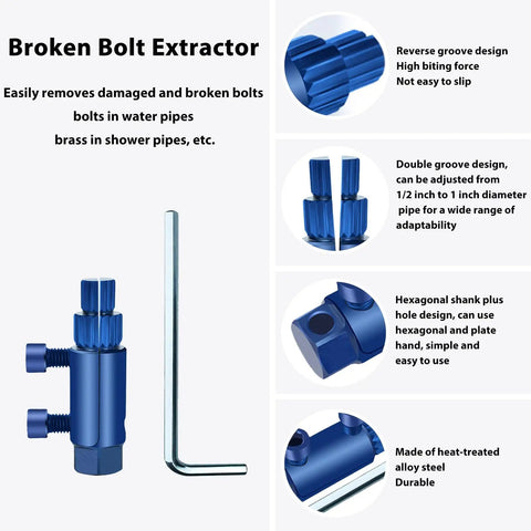 Pipe Extractor Tool Set For Removing Broken Pipes And Nipples Fits Half Inch To One Inch Pipe Capacity Includes Bolt Remover And Bathtub Fittings Great DIY Gift For Men In Blue, showcasing reverse groove design and hexagonal shank with blue alloy steel material.