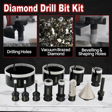 Diamond tile drill bit kit with hole saws and diamond finger bits; includes 6-100 mm cores and SDS adapter.
