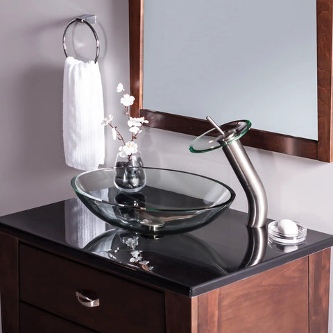Oval Clear Glass Vessel Sink For Above Counter Mount Dope Sleek Look with faucet on modern bathroom vanity