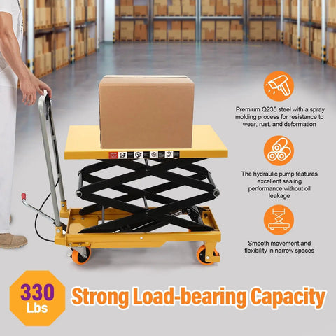 Hella Sturdy Hydraulic Scissor Lift Table With 330 Lb Capacity And Adjustable Height Work Platform Built Tough Q235 Steel Construction Locking Casters For Industrial Shop Material Handling