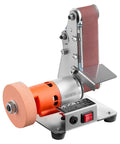 Badass Three In One Compact Belt Sander Setup With 13 Inch Sanding Strap And 2.75 Inch Grinding Wheel Combo for woodworking and knife tuning.