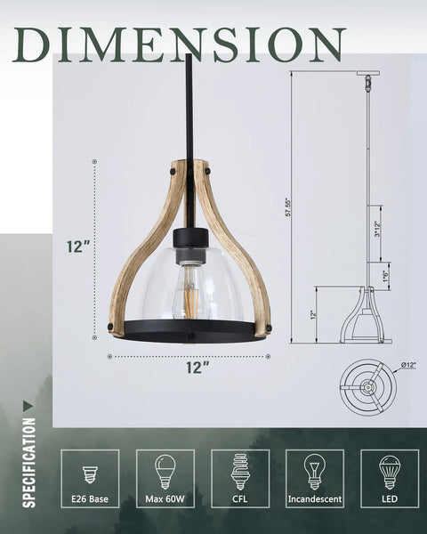 Dimensions of Farmhouse Walnut Wood Pendant Light With Black Glass Shade Adjustable Length Dimmable