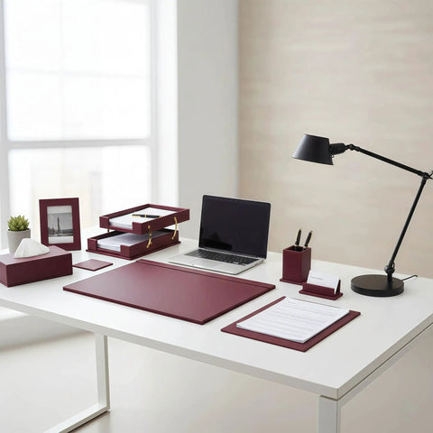 Premium Leather Desk Organizer Set Boss Level with desk pad, blotter, and accessories in burgundy on modern white desk.