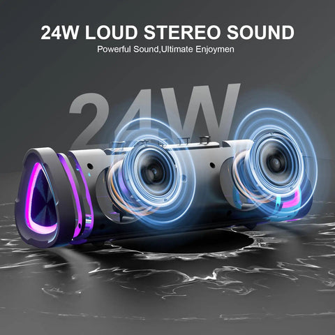 Compact Wireless Bluetooth Speaker With 24W Stereo Sound, illuminated drivers showcasing its dynamic audio and sleek design.