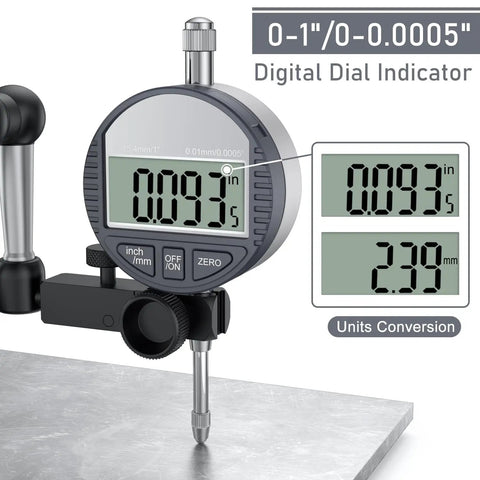 Digital Dial Indicator Gauge With Magnetic Base Stand For Precise Machining And QC, showing 0 to 1 inch range, close-up
