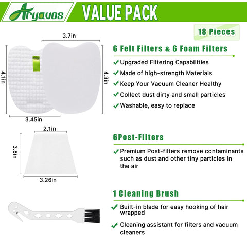 Foam And Felt Filter Replacement Set For Shark Rocket Vacuum Pro Includes 6 High Quality Filters For HV322 HV345 HV320 HV321 UV330 UV480 UV422 ZS350 ZS351 ZS352 Part Numbers XPMFK320 And 1084FTV320 shown with dimensions and features