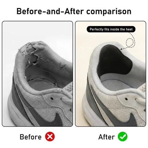 12 Piece Self Adhesive Inside Heel Pad For Shoe Heel Repair Patches Microfiber Leather Quick Fix For Sneaker Holes And Mesh Shoes Comfort Cushion Breathable Sweat Absorbing 3 Color Options installed comparison