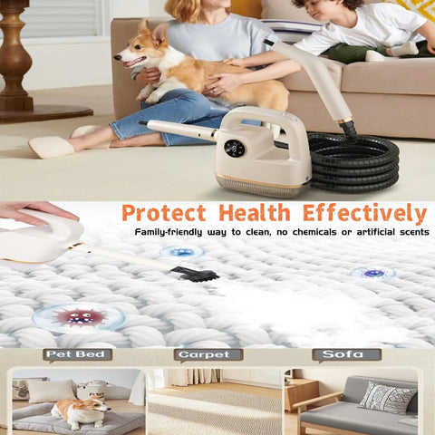 Handheld Steam Cleaner With LCD Display And One Click Control used on sofa, pet bed, and carpet for home detailing