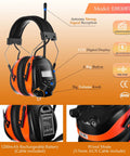 Bluetooth Hearing Protection Headphones With AM FM Radio 25dB NRR Rechargeable, black and orange, side view with controls