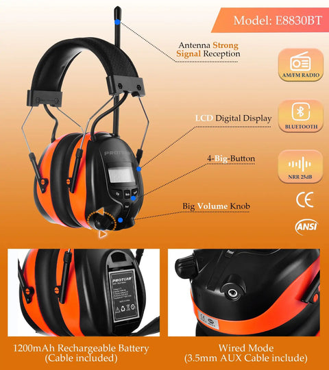 Bluetooth Hearing Protection Headphones With AM FM Radio 25dB NRR Rechargeable, black and orange, side view with controls