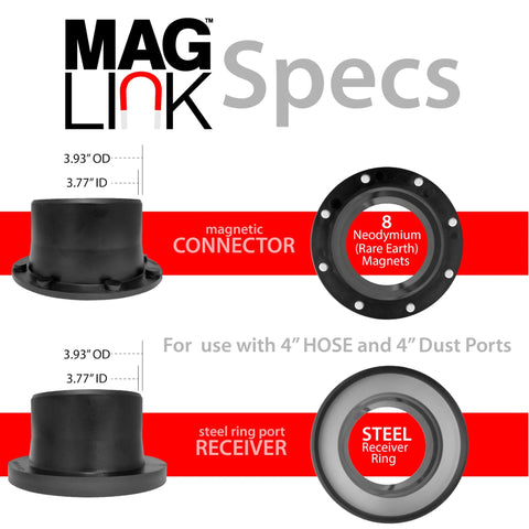 MagLink 4-inch magnetic dust collection fittings kit; shows two black hose adapters and a neodymium magnet ring.